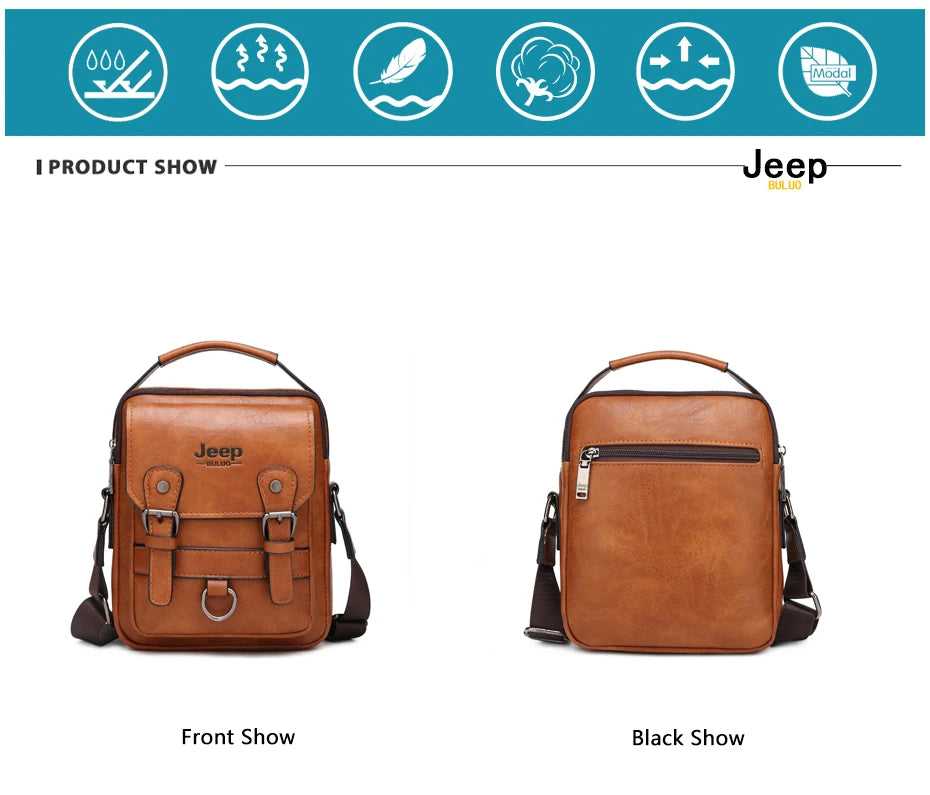JEEP BULUO Men’s Leather Messenger Bag – Multi-Function Business Shoulder Bag with Large Capacity