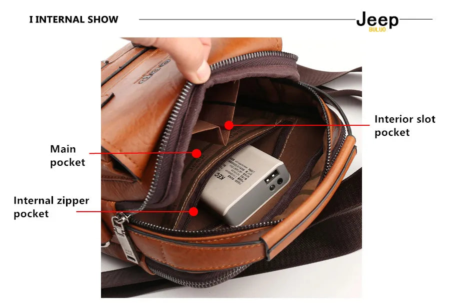 JEEP BULUO Men’s Leather Messenger Bag – Multi-Function Business Shoulder Bag with Large Capacity