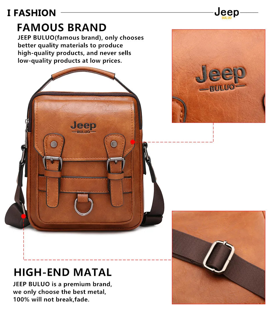 JEEP BULUO Men’s Leather Messenger Bag – Multi-Function Business Shoulder Bag with Large Capacity