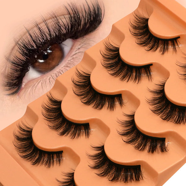 GROINNEYA 8D Cat Eye Faux Mink Lashes – Fluffy, Wispy Long Eyelashes (5 Pairs Pack)