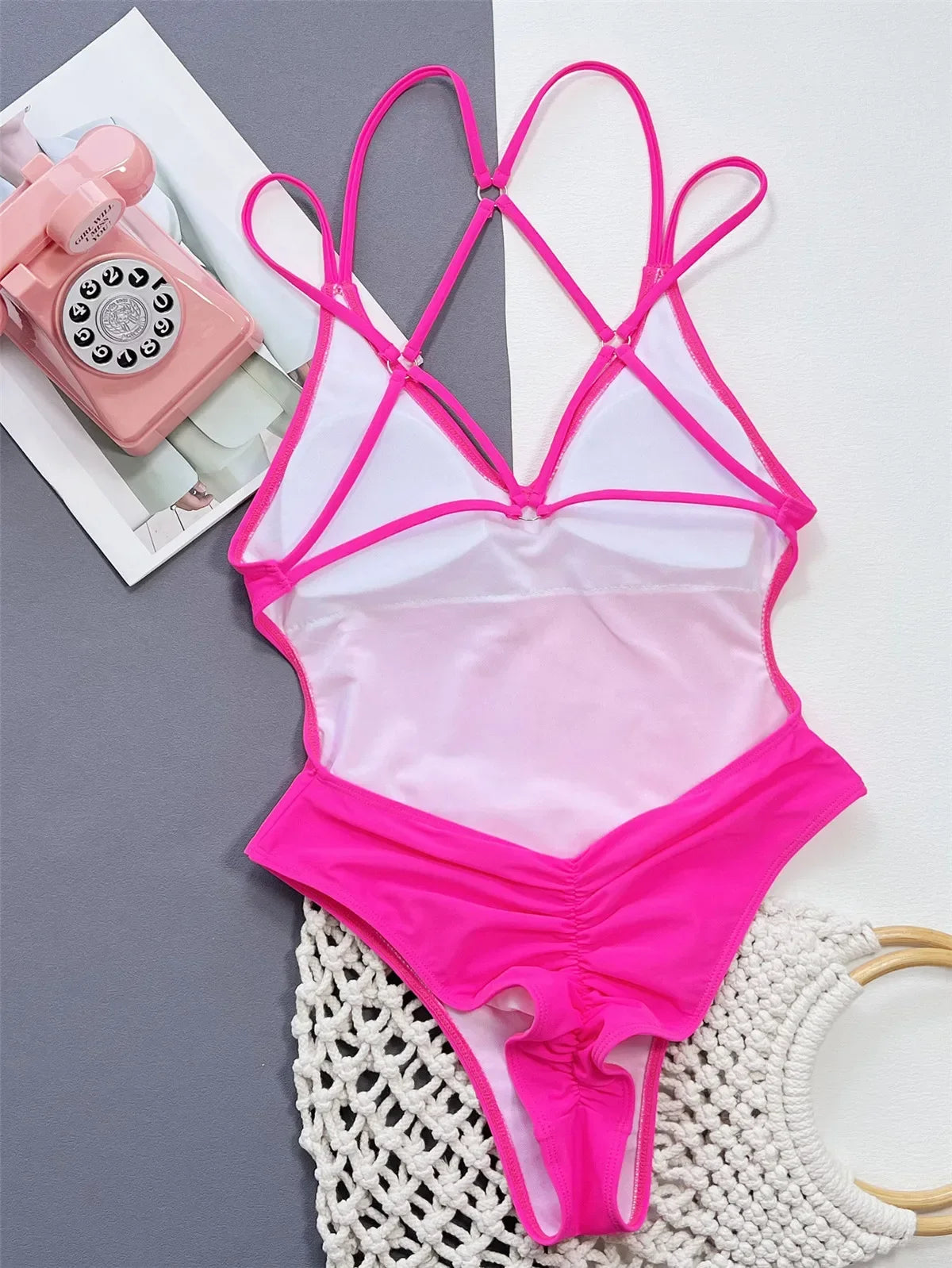 Solid Blue Backless One-Piece Swimsuit