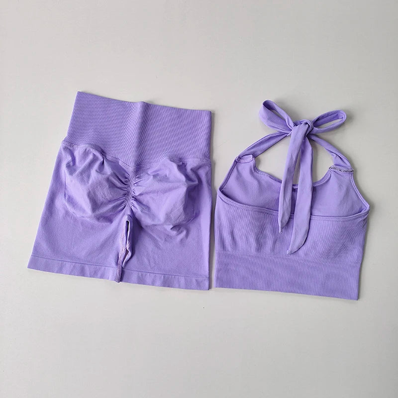 2-Piece Gym Set – Neck Hanging Sports Bra & Hip-Lifting Shorts