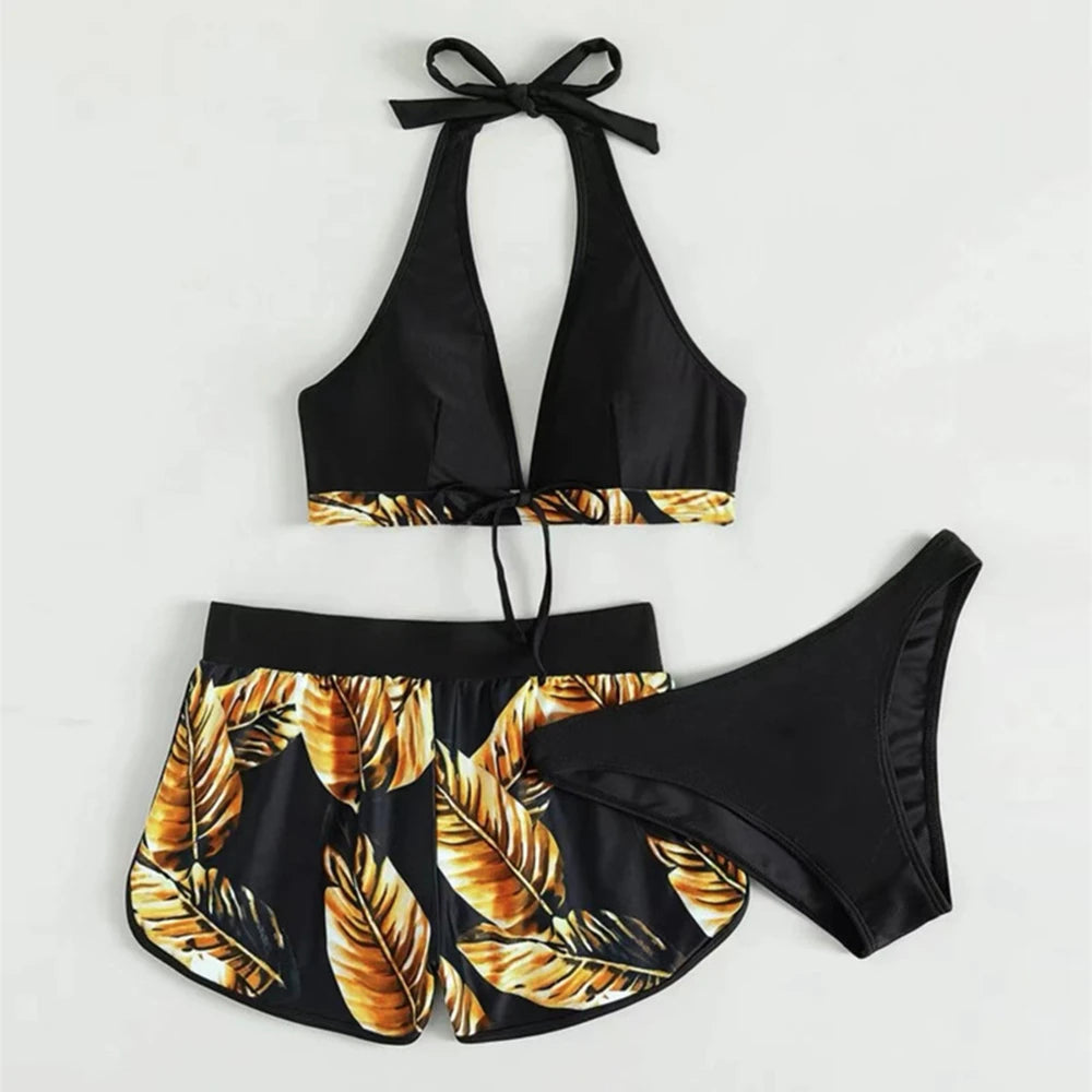 Tropical Leaf Print 3-Piece Bikini Set – Halter High-Waisted Swimsuit (S–XXL, 6 Colors | 2025