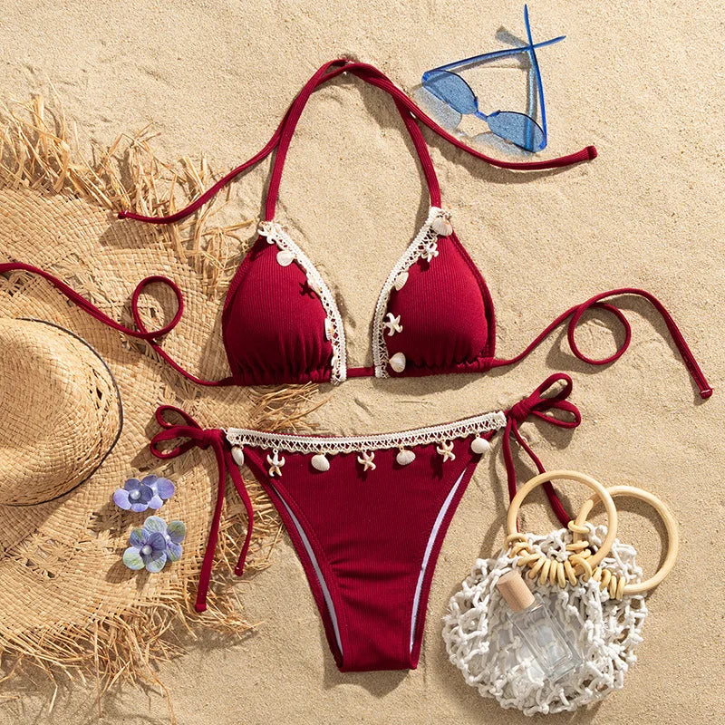 Shell Triangle Bikinis Bandage Thong Bikini Women Push Up Beach Swimwear 2 Piece Swimsuit Women Bikini Bathing Suit Beachwear