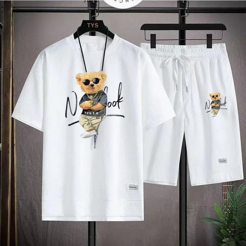 Summer Men's Round Neck T-Shirt + Jogging Shorts 2-Piece Set Breathable Casual Quick Drying Fitness Short-Sleeved Sports Suit