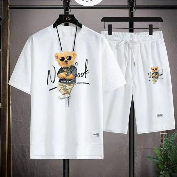 Summer Men's Round Neck T-Shirt + Jogging Shorts 2-Piece Set Breathable Casual Quick Drying Fitness Short-Sleeved Sports Suit