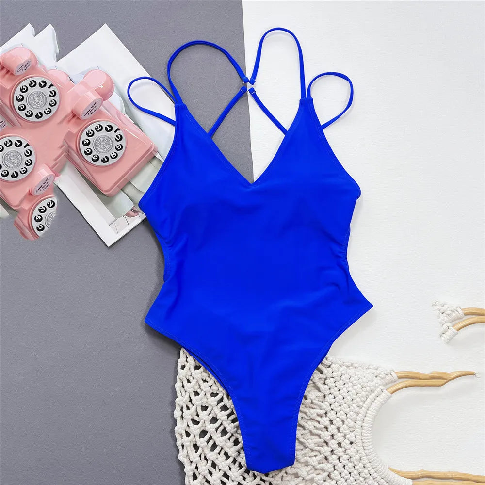 Solid Blue Backless One-Piece Swimsuit