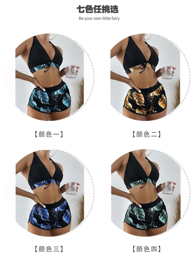 Tropical Leaf Print 3-Piece Bikini Set – Halter High-Waisted Swimsuit (S–XXL, 6 Colors | 2025