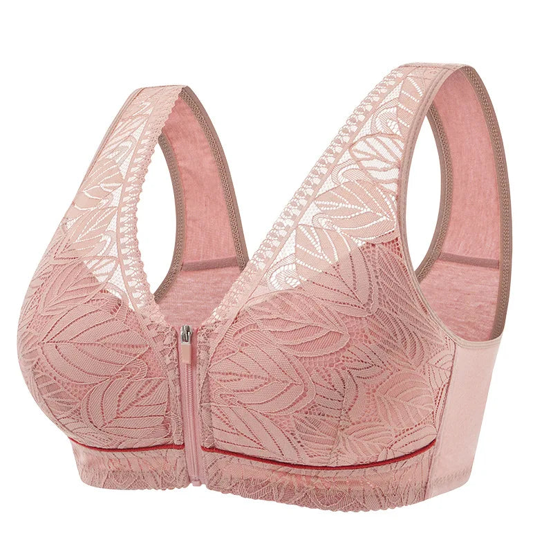 Women's Front Zipper Sports Yoga Bra – Lace Cotton Cup Wireless Breathable Tank Bra (Plus Size)