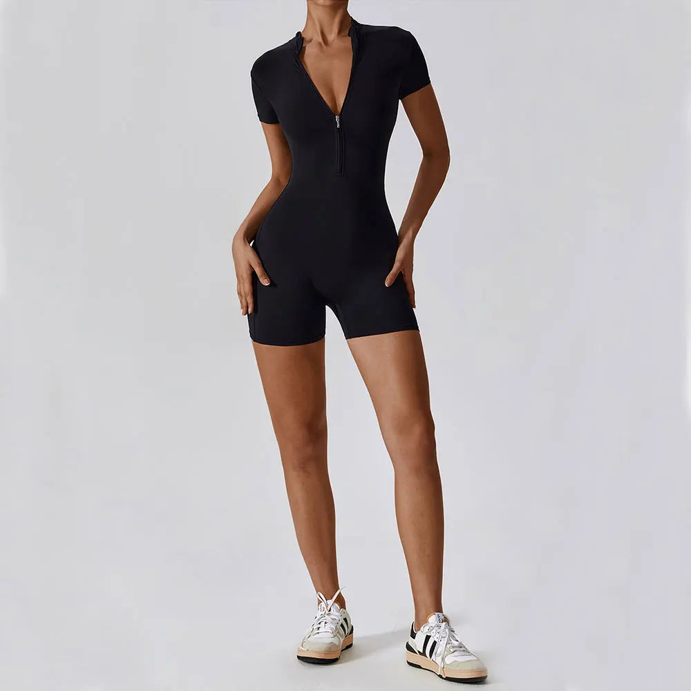 Women's Summer Short Sleeve Yoga Jumpsuit – Zipper Front Fitness Bodysuit for Workout & Dance
