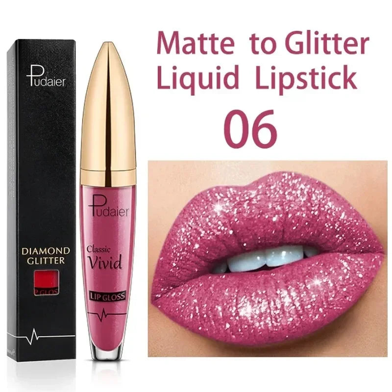 Diamond Shine Glitter Lip Gloss – Waterproof, Long-Lasting Metallic Matte to Shimmer Liquid Lipstick
