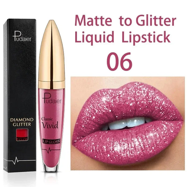 Diamond Shine Glitter Lip Gloss – Waterproof, Long-Lasting Metallic Matte to Shimmer Liquid Lipstick