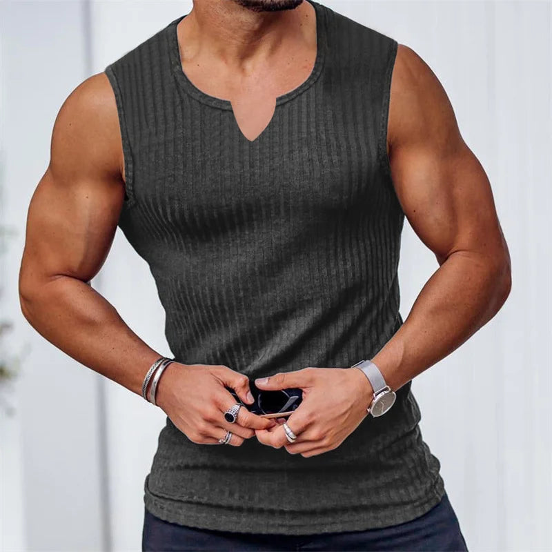 Summer Stripe V-Neck Gym Tank – Men’s Sleeveless Training Vest