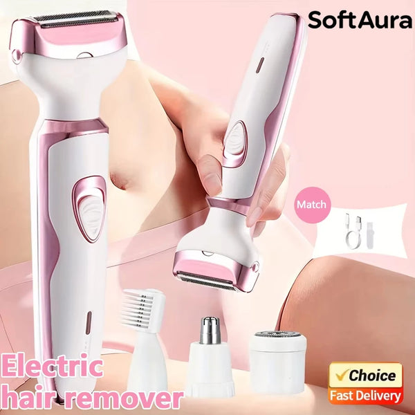 SoftAura 4 in 1 Electric Razor for Women Body Hair Trimmer Armpit Bikini Arm Leg Face Mustache Portable Painless Shaver