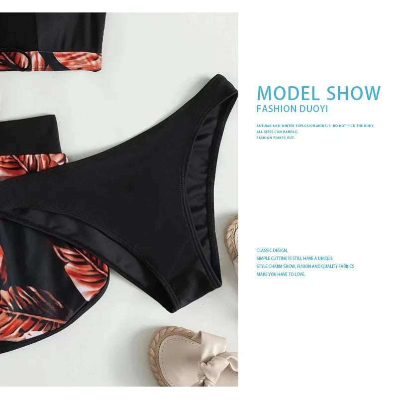 Tropical Leaf Print 3-Piece Bikini Set – Halter High-Waisted Swimsuit (S–XXL, 6 Colors | 2025