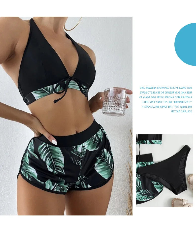 Tropical Leaf Print 3-Piece Bikini Set – Halter High-Waisted Swimsuit (S–XXL, 6 Colors | 2025