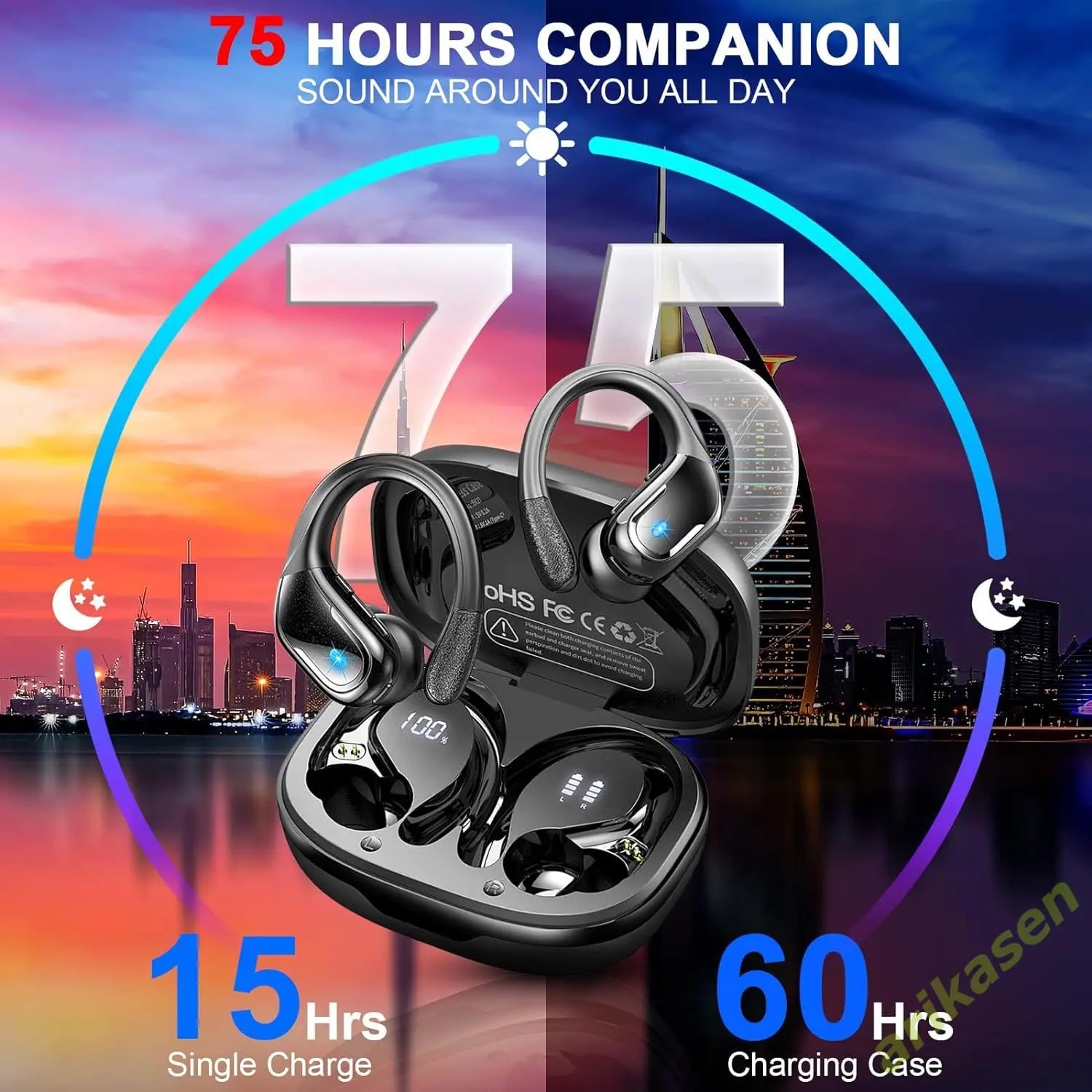 75Hrs Bluetooth 5.3 Wireless Earphones – IP7 Waterproof Sports Headphones with Deep Bass & ENC Noise Cancelling Mic