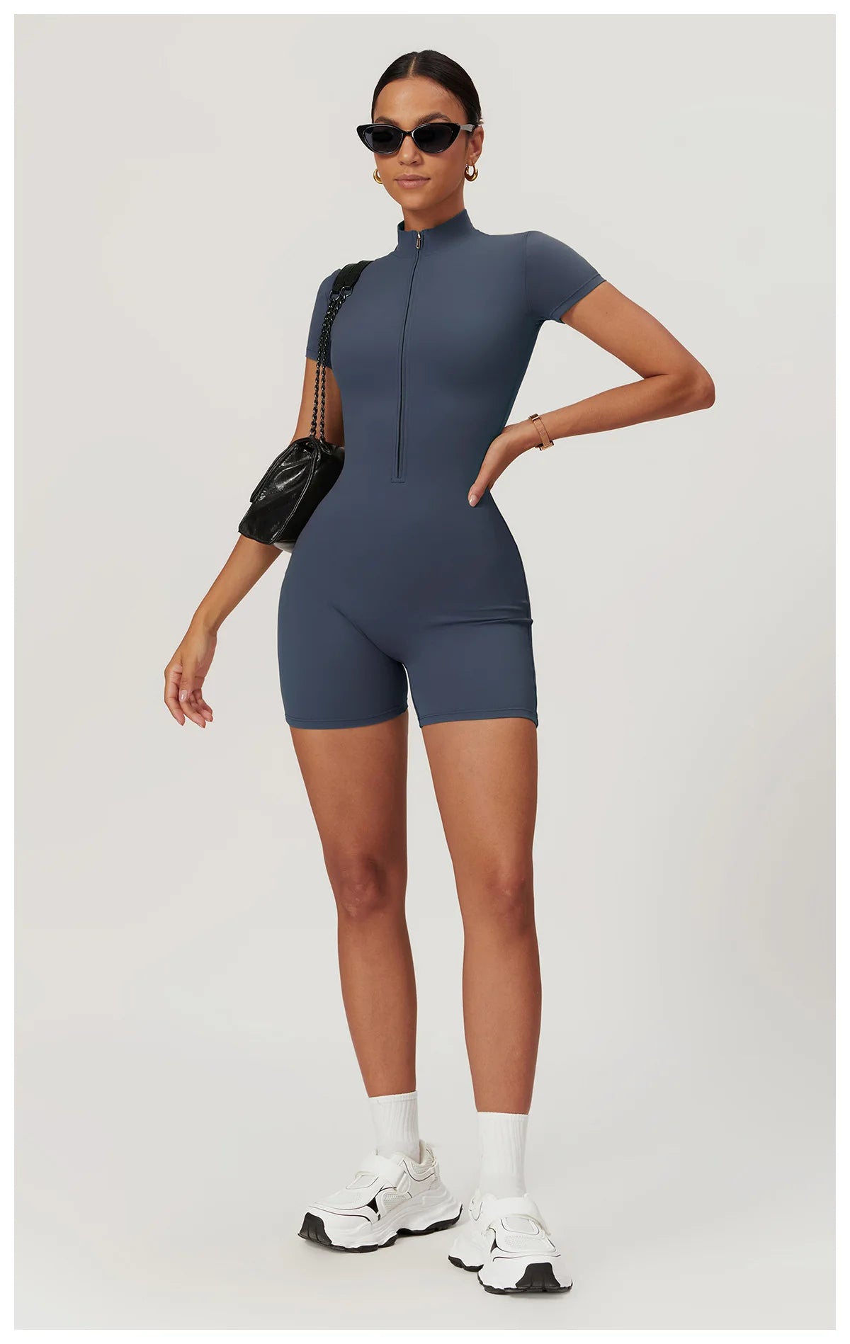 Women's Summer Short Sleeve Yoga Jumpsuit – Zipper Front Fitness Bodysuit for Workout & Dance