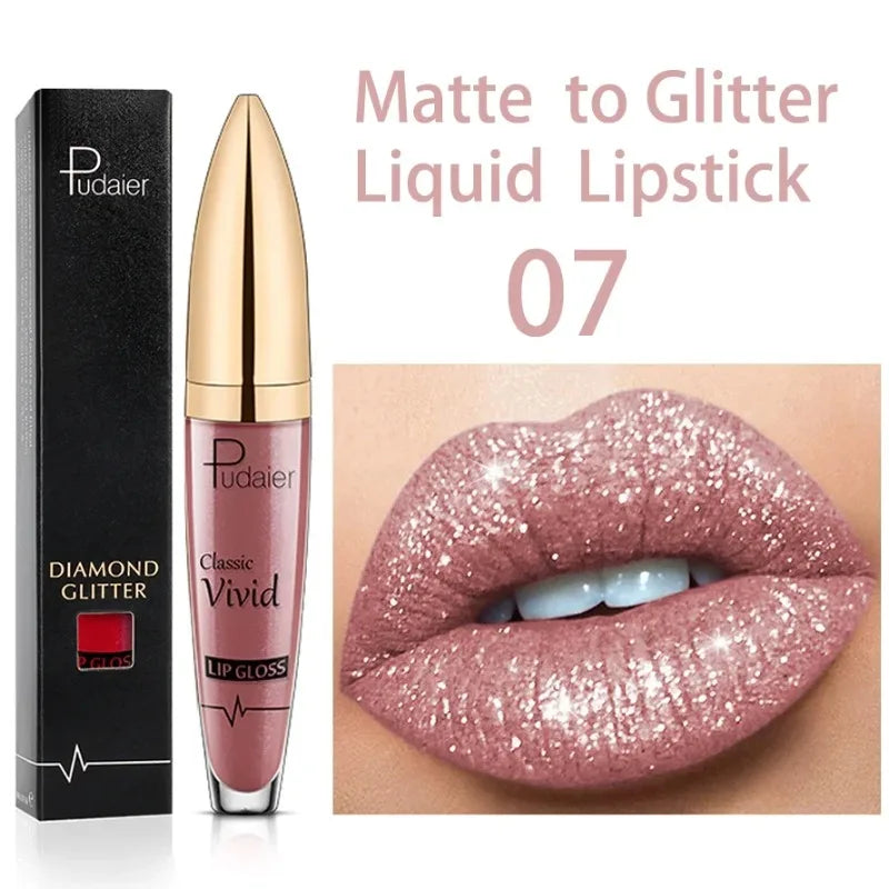 Diamond Shine Glitter Lip Gloss – Waterproof, Long-Lasting Metallic Matte to Shimmer Liquid Lipstick