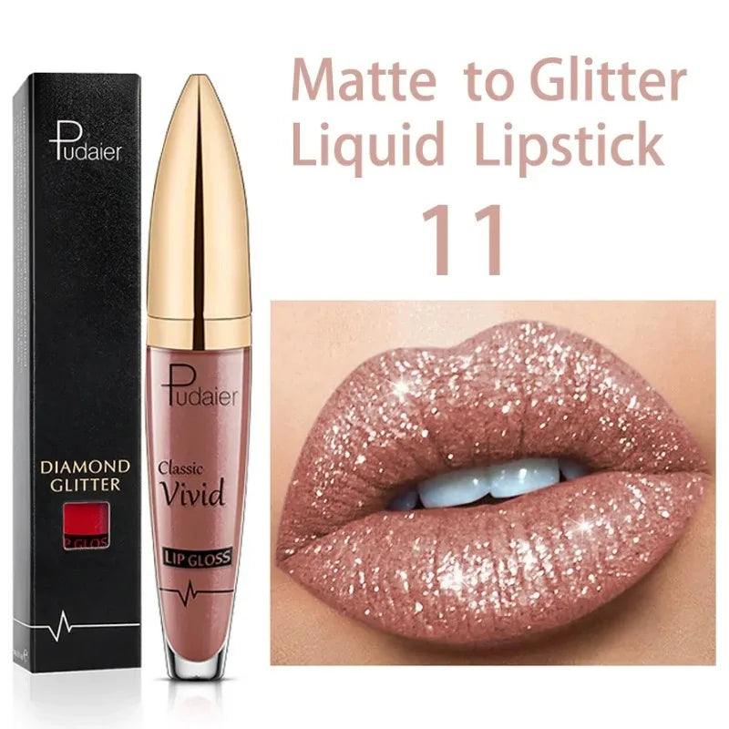 Diamond Shine Glitter Lip Gloss – Waterproof, Long-Lasting Metallic Matte to Shimmer Liquid Lipstick