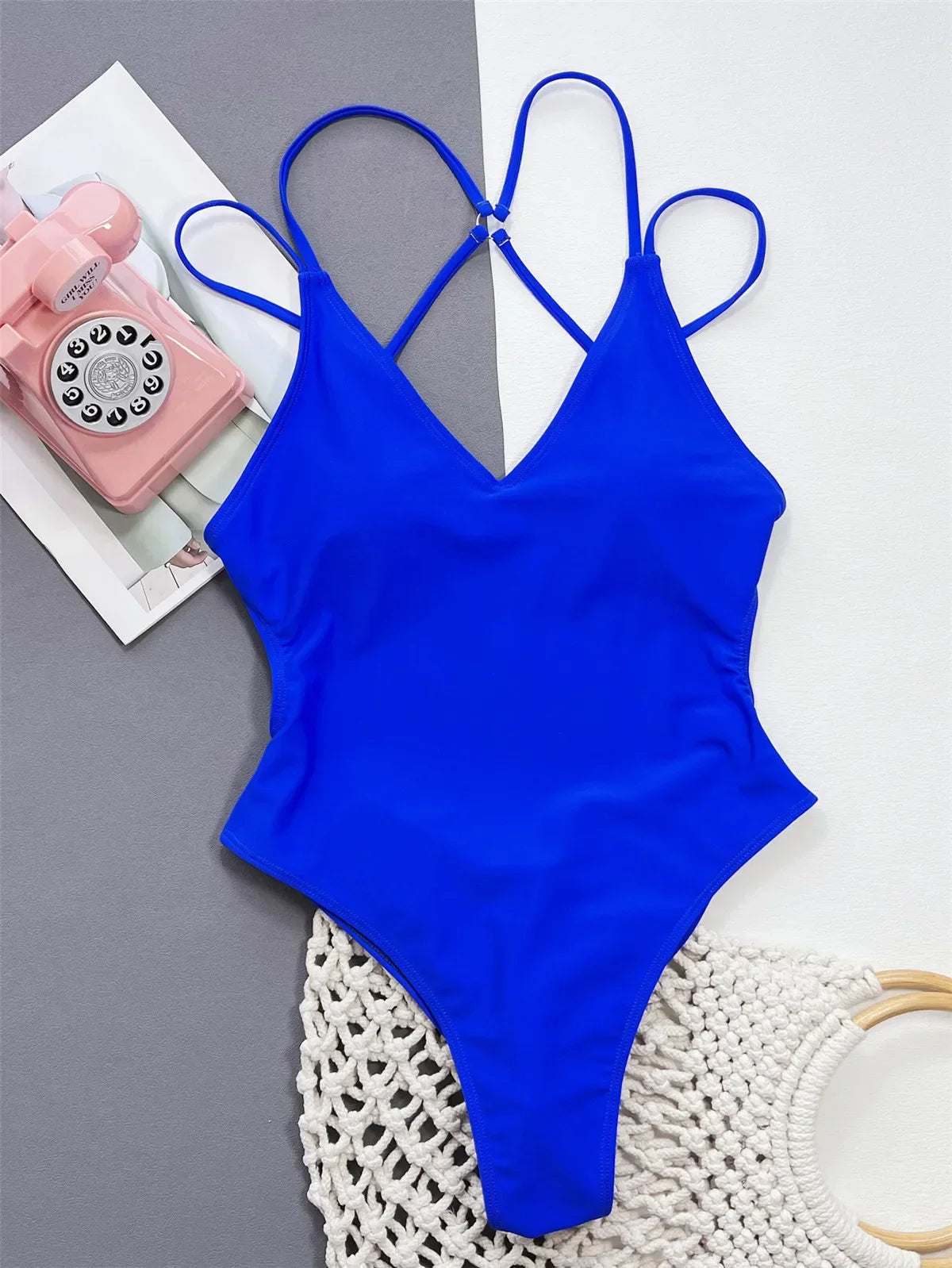 Solid Blue Backless One-Piece Swimsuit