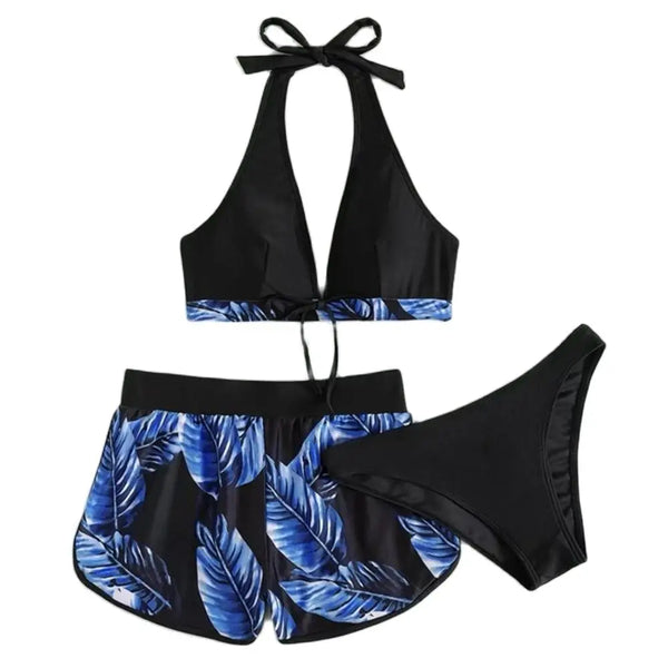 Tropical Leaf Print 3-Piece Bikini Set – Halter High-Waisted Swimsuit (S–XXL, 6 Colors | 2025