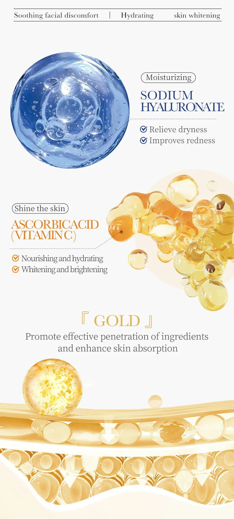 15pcs 24K Gold Hyaluronic Acid Face Mask Facial Firming Moisturizing Brightening Hydrating Facial Masks Skin Care Products