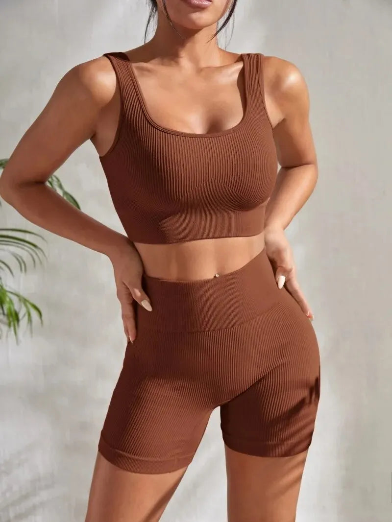 Ribbed Seamless 2-Piece Yoga Set – Crop Tank & High-Waist Shorts