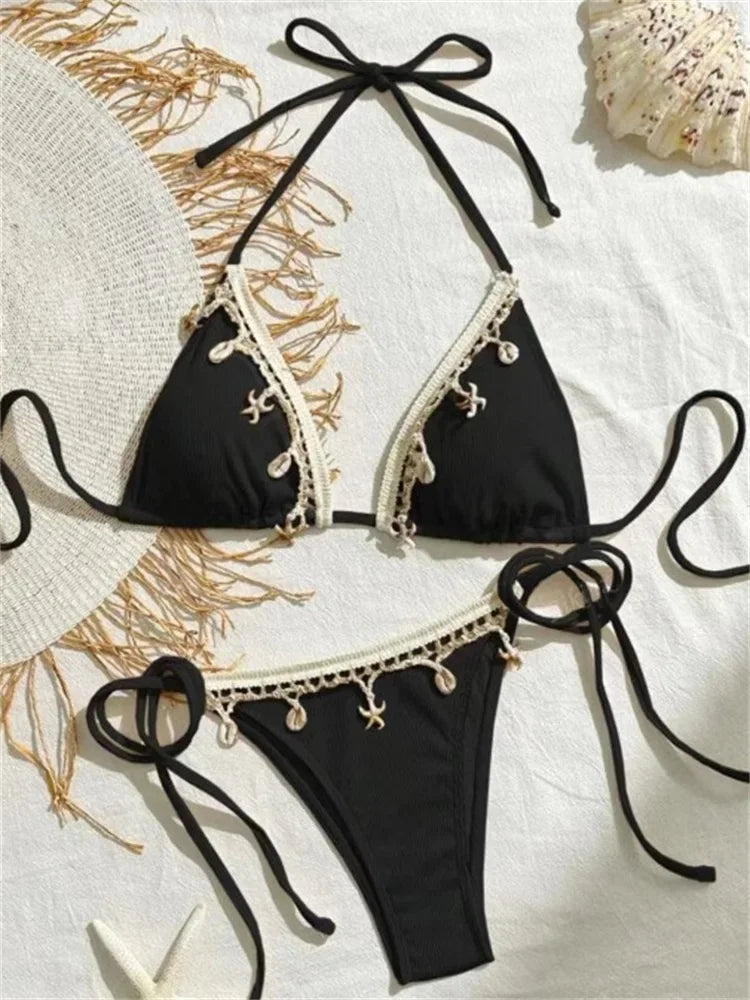 Shell Triangle Bikinis Bandage Thong Bikini Women Push Up Beach Swimwear 2 Piece Swimsuit Women Bikini Bathing Suit Beachwear