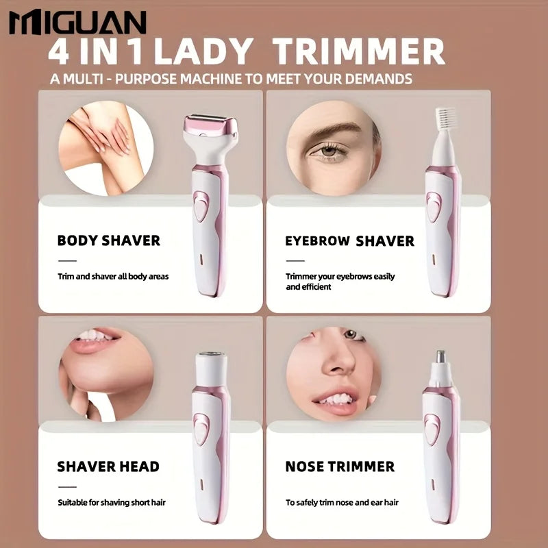 SoftAura 4 in 1 Electric Razor for Women Body Hair Trimmer Armpit Bikini Arm Leg Face Mustache Portable Painless Shaver