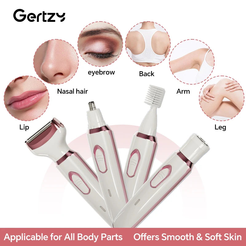 4-in-1 Rechargeable Electric Razor for Women - Face, Nose, Legs, Underarm, Bikini Trimmer - Wet & Dry, Painless Grooming Kit