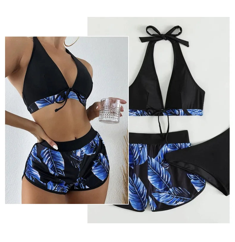 Tropical Leaf Print 3-Piece Bikini Set – Halter High-Waisted Swimsuit (S–XXL, 6 Colors | 2025