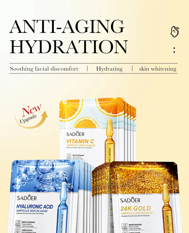 15pcs 24K Gold Hyaluronic Acid Face Mask Facial Firming Moisturizing Brightening Hydrating Facial Masks Skin Care Products