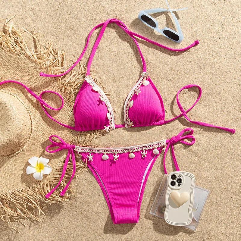 Shell Triangle Bikinis Bandage Thong Bikini Women Push Up Beach Swimwear 2 Piece Swimsuit Women Bikini Bathing Suit Beachwear