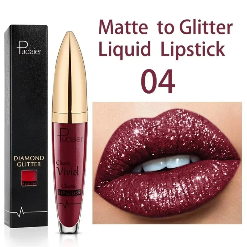 Diamond Shine Glitter Lip Gloss – Waterproof, Long-Lasting Metallic Matte to Shimmer Liquid Lipstick