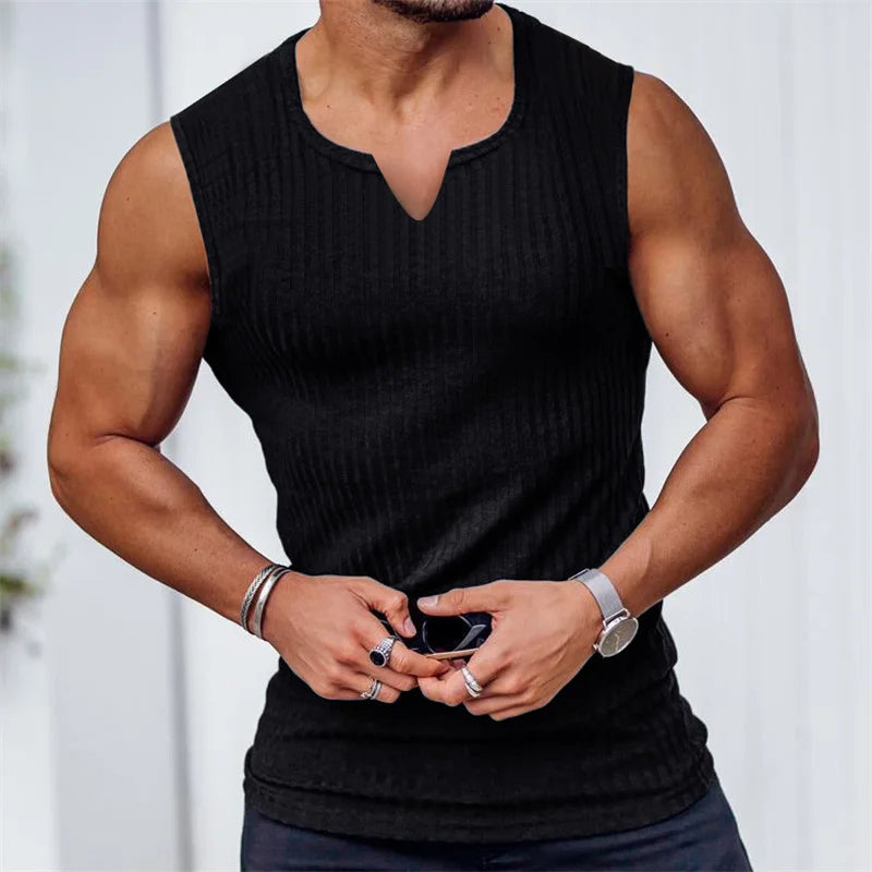Summer Stripe V-Neck Gym Tank – Men’s Sleeveless Training Vest