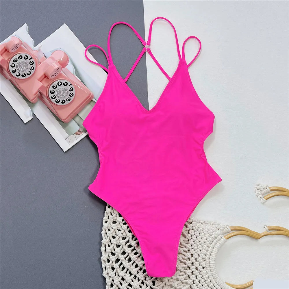 Solid Blue Backless One-Piece Swimsuit