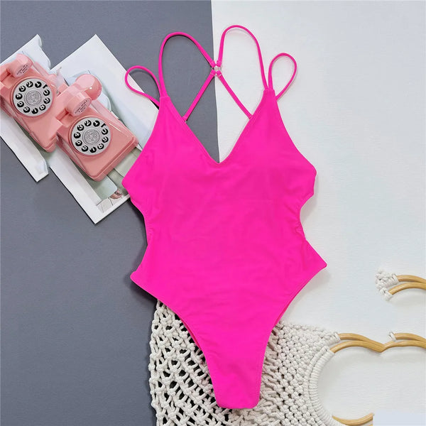 Solid Blue Backless One-Piece Swimsuit