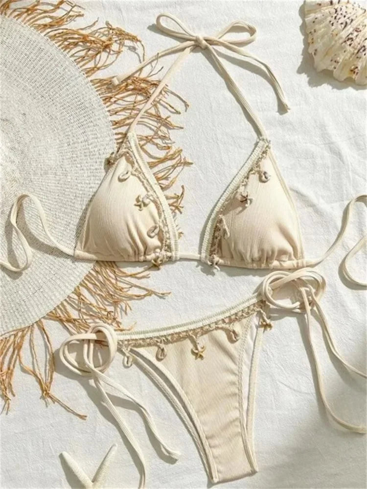 Shell Triangle Bikinis Bandage Thong Bikini Women Push Up Beach Swimwear 2 Piece Swimsuit Women Bikini Bathing Suit Beachwear