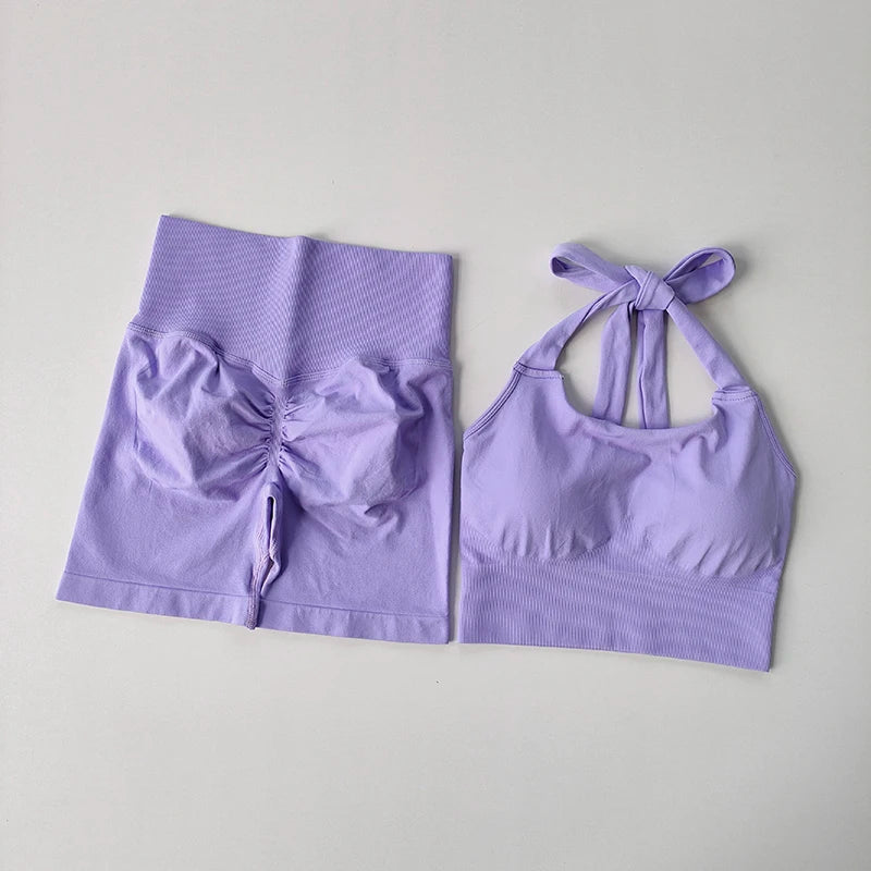 2-Piece Gym Set – Neck Hanging Sports Bra & Hip-Lifting Shorts