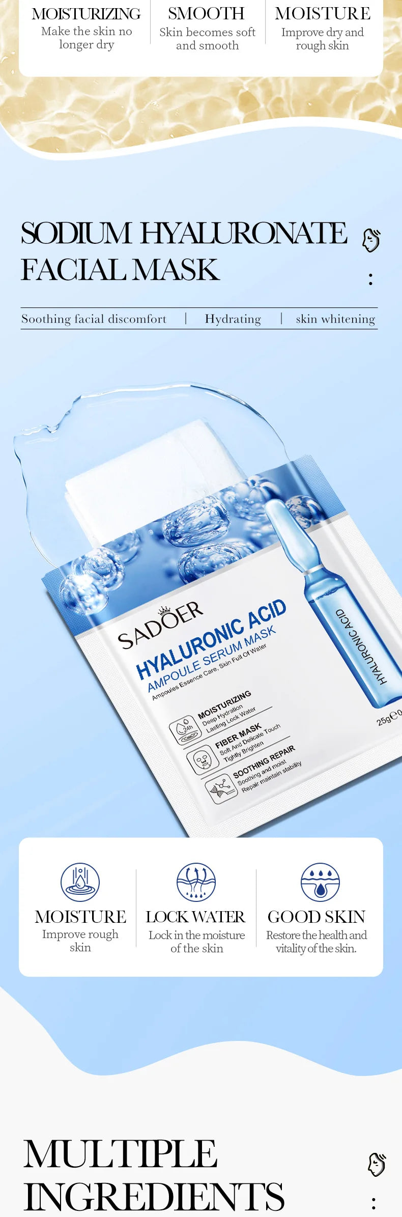 15pcs 24K Gold Hyaluronic Acid Face Mask Facial Firming Moisturizing Brightening Hydrating Facial Masks Skin Care Products