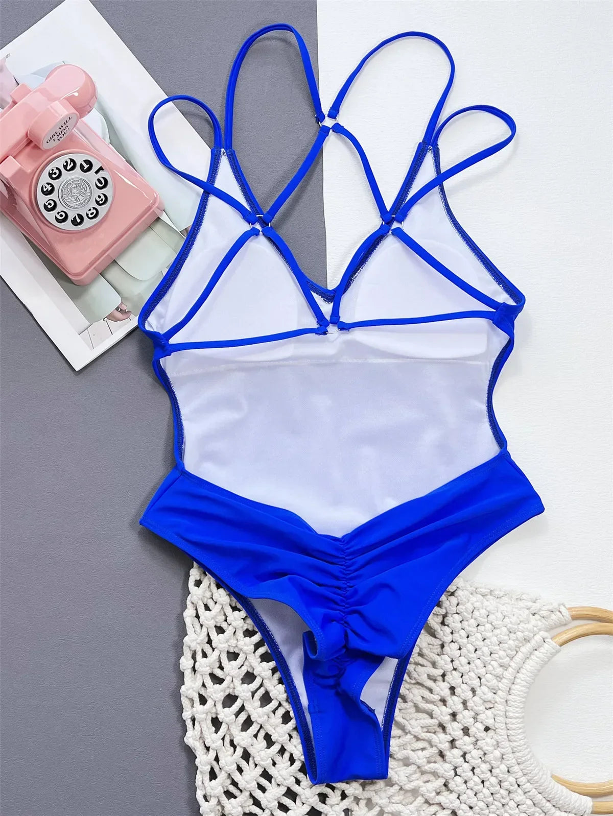 Solid Blue Backless One-Piece Swimsuit