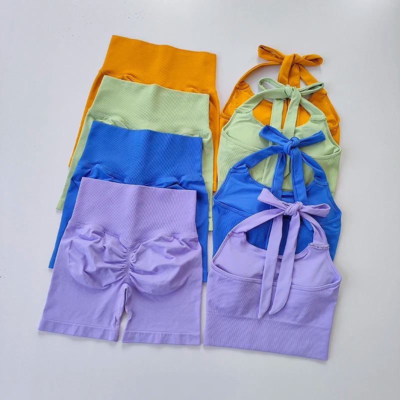 2-Piece Gym Set – Neck Hanging Sports Bra & Hip-Lifting Shorts