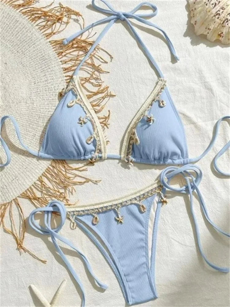 Shell Triangle Bikinis Bandage Thong Bikini Women Push Up Beach Swimwear 2 Piece Swimsuit Women Bikini Bathing Suit Beachwear