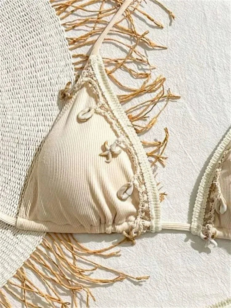 Shell Triangle Bikinis Bandage Thong Bikini Women Push Up Beach Swimwear 2 Piece Swimsuit Women Bikini Bathing Suit Beachwear