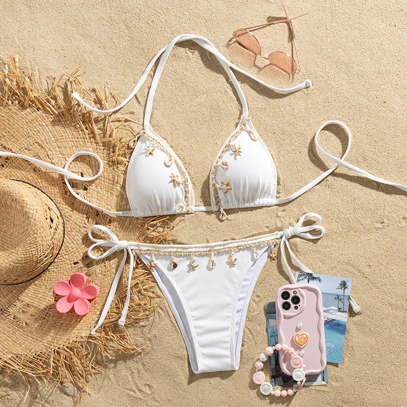 Shell Triangle Bikinis Bandage Thong Bikini Women Push Up Beach Swimwear 2 Piece Swimsuit Women Bikini Bathing Suit Beachwear