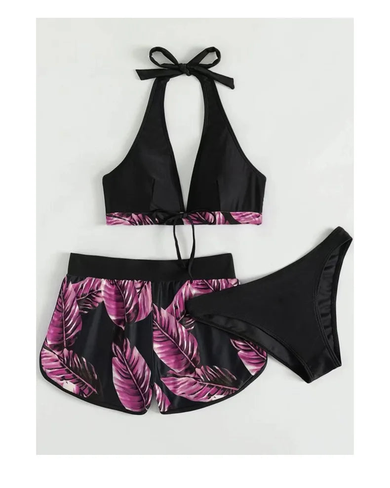 Tropical Leaf Print 3-Piece Bikini Set – Halter High-Waisted Swimsuit (S–XXL, 6 Colors | 2025