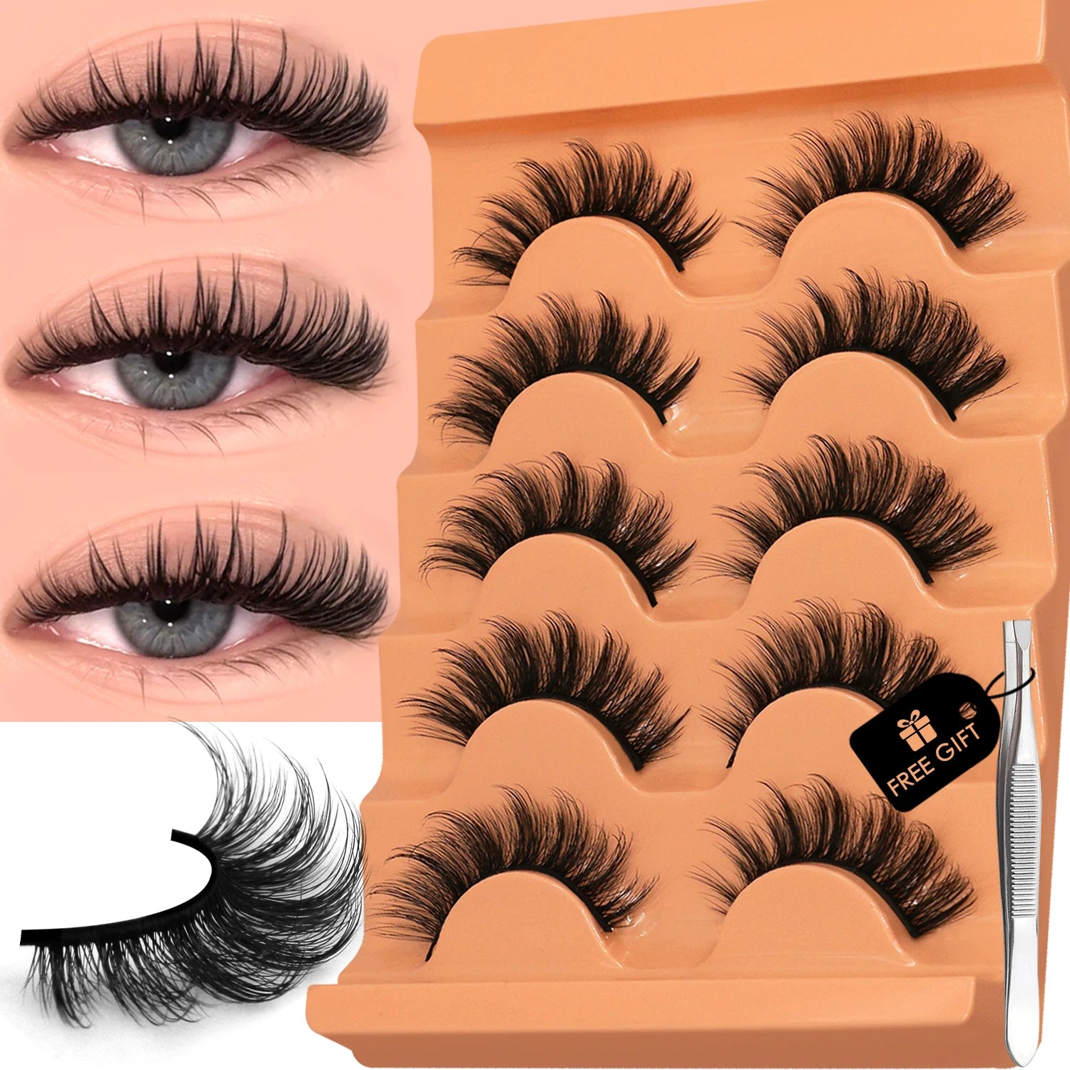 GROINNEYA 8D Cat Eye Faux Mink Lashes – Fluffy, Wispy Long Eyelashes (5 Pairs Pack)