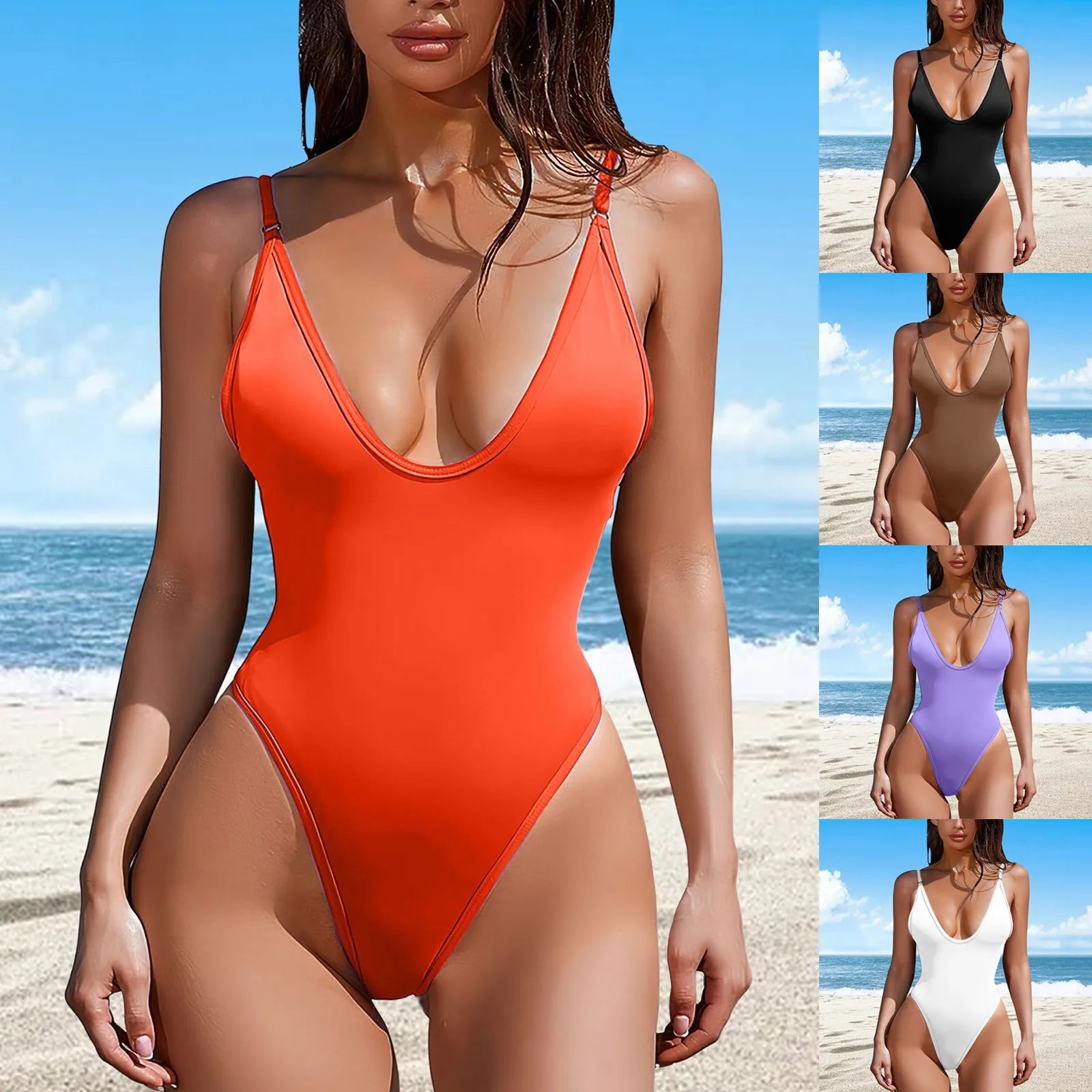 Deep V Neck One-Piece Monokini Swimsuit