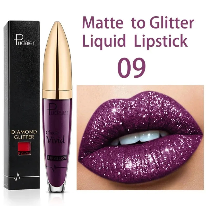 Diamond Shine Glitter Lip Gloss – Waterproof, Long-Lasting Metallic Matte to Shimmer Liquid Lipstick